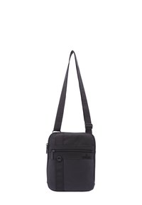 Borsa a tracolla nera realizzata in tessuto resistente, con superficie liscia, tracolla regolabile, due tasche con zip e dettaglio del logo.