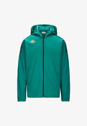 Giacca con cappuccio di un vivace teal, realizzata in tessuto morbido. Presenta una zip frontale completa, due tasche e dettagli in oro con logo sul petto e sulle maniche.