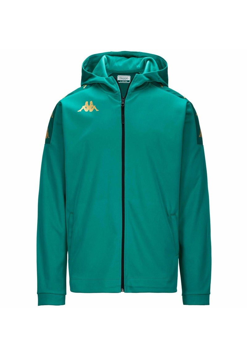 Giacca con cappuccio di un vivace teal, realizzata in tessuto morbido. Presenta una zip frontale completa, due tasche e dettagli in oro con logo sul petto e sulle maniche.