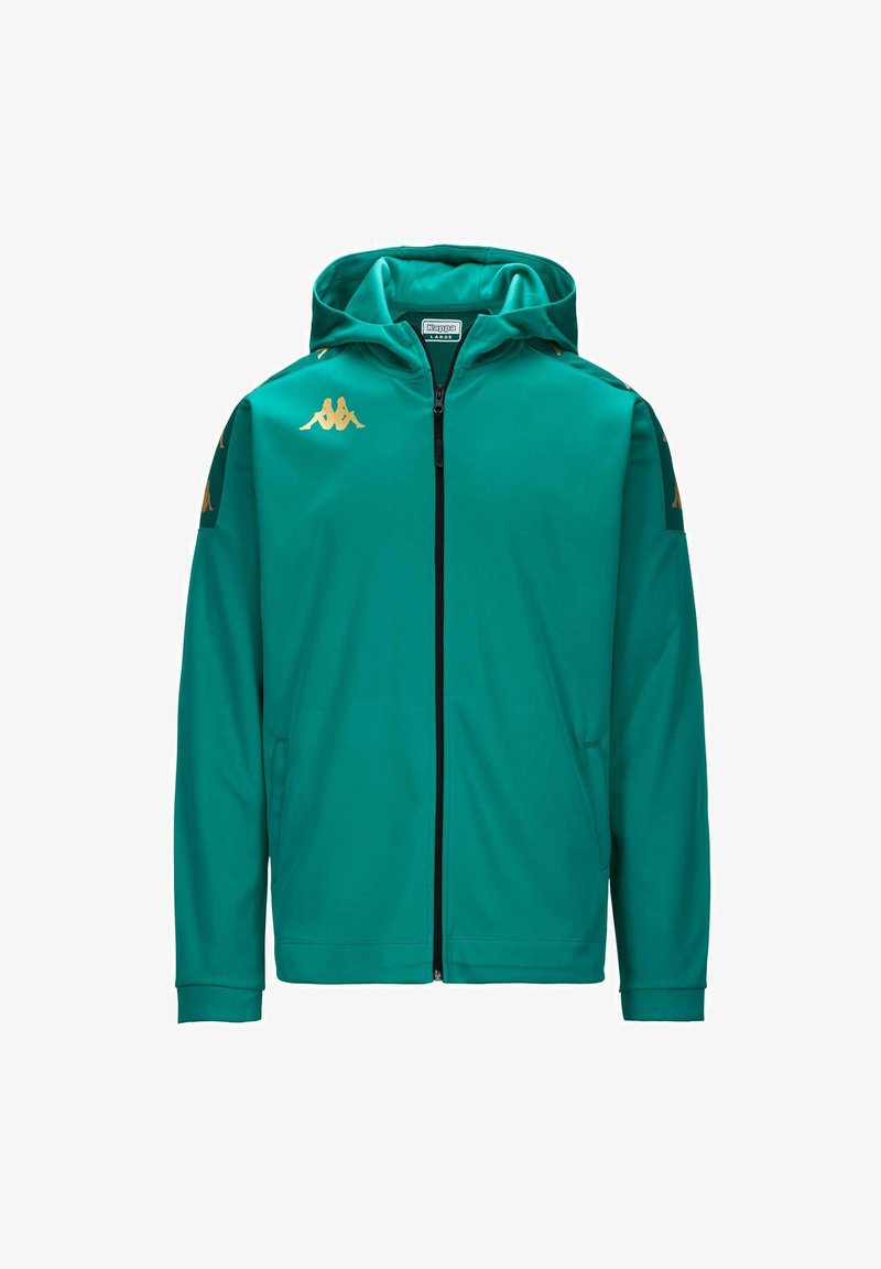 Giacca con cappuccio di un vivace teal, realizzata in tessuto morbido. Presenta una zip frontale completa, due tasche e dettagli in oro con logo sul petto e sulle maniche.