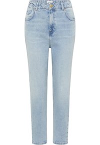 Světle modré džíny s vysokým pasem vyrobené z denimu. Mají pět kapes, zapínání na knoflík a zip, a rovný střih nohavic.
