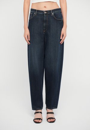 Dark blue wide-leg jeans made of denim, featuring a classic five-pocket design and a button closure. Smooth texture with minimal fading.