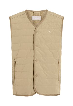 Beige ärmellose Weste mit gestepptem Textur. Verfügt über einen V-Ausschnitt, Druckknöpfe, seitliche Taschen und ein dezentes Logo auf der Vorderseite.