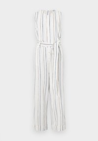 Hvit lin jumpsuit med vertikale blå og brune striper. Uten ermer, knapplukking og belte i midjen. Løs passform.