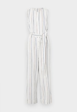 Macaquinho de linho branco com riscas verticais azuis e castanhas. Design sem mangas, com fechos de botão e um cinto na cintura. Corte solto.