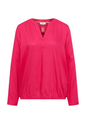 Blusa rosa a manica lunga in tessuto liscio, caratterizzata da una scollatura a V, orlo elasticizzato e vestibilità comoda.