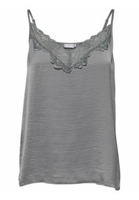 Camisole in raso grigio con scollatura a V bordata in pizzo e spalline sottili regolabili.