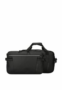 Borsa a tubo nera realizzata in tessuto resistente, caratterizzata da una forma rettangolare, doppie maniglie, una tracolla regolabile e più scomparti con zip.