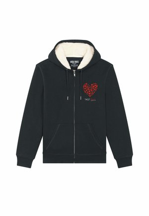 Zwarte ritssluiting hoodie met een zachte, fleece-voering in de capuchon. Voorzien van een rood hartontwerp met kleinere harten, en de tekst "SWT" in schreefletter. Voorkant met zakken.