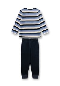 Gestreiftes Langarmshirt in Blau, Weiß und Marine mit passenden marineblauen Fleecehosen. Weicher Stoff, elastischer Bund und Bündchen an den Knöcheln.