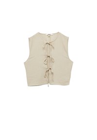 Haut court sans manches beige avec un col rond et un détail de nouage à l'avant, doté d'un tissu texturé et d'une coupe décontractée.