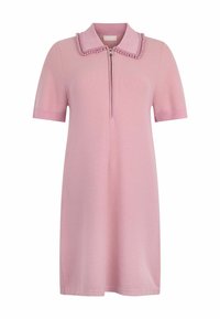 Robe rose à manches courtes avec une fermeture éclair et un col texturé ornés de perles. Tissu lisse avec une coupe droite et un subtil brillant.