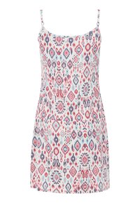 Sundress mit dünnen Trägern, versehen mit einem bunten geometrischen Muster in Pink, Blau und Lila. Hergestellt aus leichtem Stoff und in lockerer Passform.