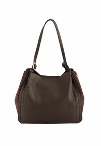 Sac en cuir marron au toucher lisse, présentant un design décontracté, deux courtes poignées et de subtils accents latéraux en marron plus foncé.