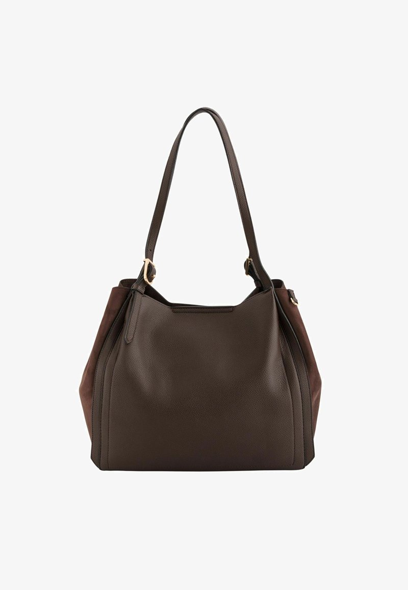 Sac en cuir marron au toucher lisse, présentant un design décontracté, deux courtes poignées et de subtils accents latéraux en marron plus foncé.
