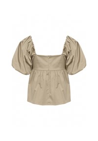 Top beige con maniche a sbuffo, caratterizzato da una scollatura a quadrato e dettagli arricciati, realizzato in tessuto morbido con chiusura a cerniera sul retro.