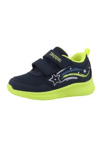 Sneaker blu navy con accenti verde lime, tessuto in mesh, doppie fasce in Velcro, design di stelle e strisce colorate sul lato, suola in gomma.