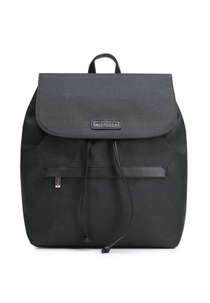 Sac à dos en tissu noir avec rabat, fermeture à cordon, petite poche avant zippée et plaque logo "Wittchen" sur le rabat.