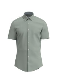 Camicia a maniche corte di colore verde opaco con un motivo testurizzato, orlo dritto e colletto a scacchi in contrasto. Presenta bottoni bianchi sulla parte anteriore.