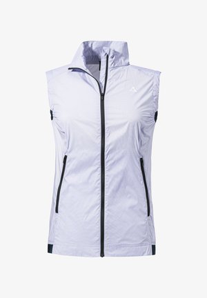 Light purple sleeveless vest made of shiny fabric, featuring a high collar, full front zipper, and two side zippered pockets.