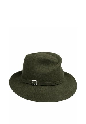 Dark green felt fedora hat with a pinched crown and a thin strap with a silver buckle around the base.