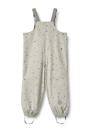 Lysegrå vandtætte børnedragter med små multifarvede abstrakte former, justerbare skulderstropper med striber og elastiske ankelmanchetter med remme til fødderne.