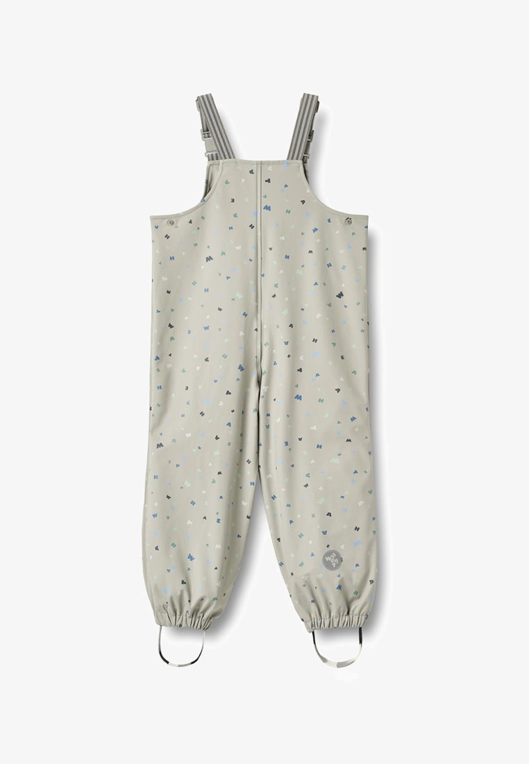 Salopette imperméable pour enfants de couleur gris clair, ornée de petites formes abstraites multicolores, bretelles rayées réglables et poignets élastiques aux chevilles avec étriers.