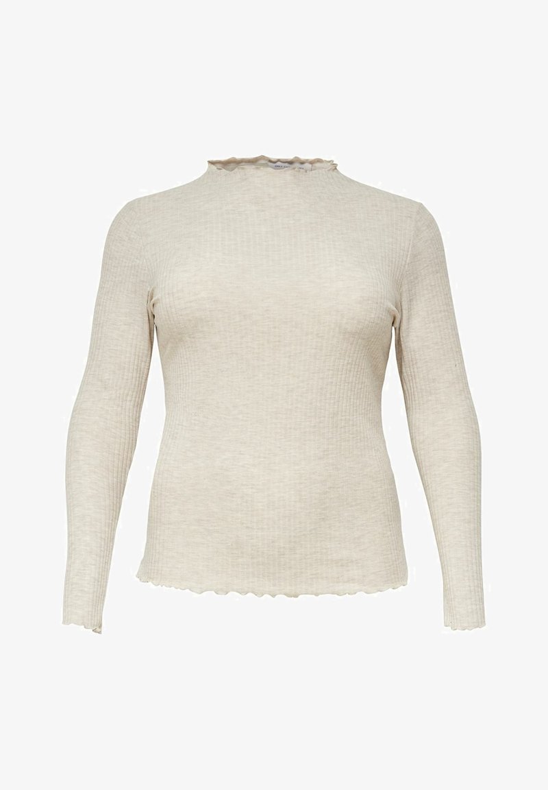 Haut beige côtelé à manches longues avec col montant et ourlets et poignets à bords ondulés, fabriqué dans un tissu doux et léger.