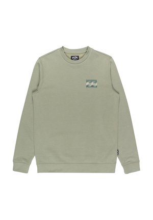 Felpa di un verde chiaro, materiale morbido, collo rotondo, maniche lunghe, piccolo disegno a onde sul petto, polsini e orlo a costine, etichetta del logo sul lato.