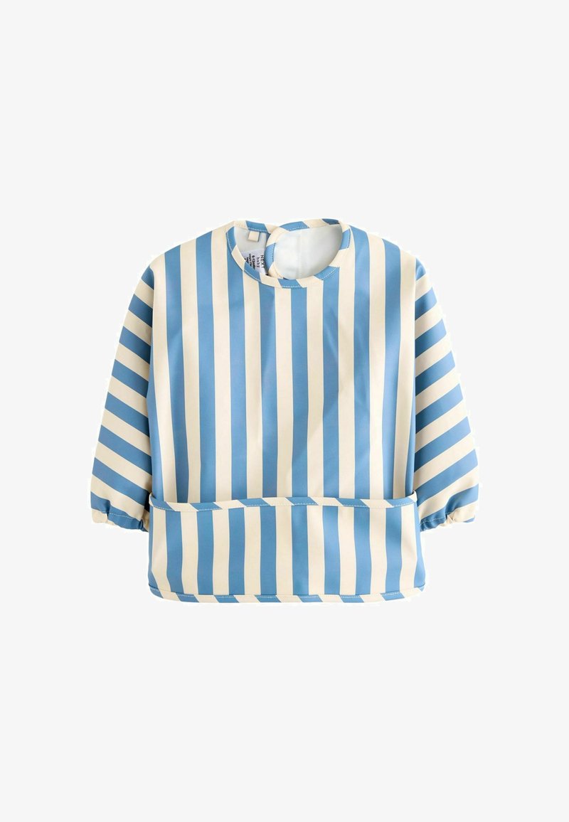 Niebieska i kremowa w paski bluzka z długim rękawem, okrągłym dekoltem, elastycznymi rękawami i kieszonką z przodu. Gładki, lekki materiał.