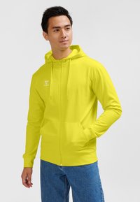 Helles gelbes Kapuzensweatshirt mit Reißverschluss, Kordelzugkapuze, zwei Vorderentaschen und kleinem Logo an der linken Brust, kombiniert mit blauen Jeans.