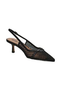 Scarpa slingback in rete nera con punta appuntita, sottili cinturini e tacco kitten di 2,5 pollici. Il design presenta un motivo a griglia e dettagli lisci.