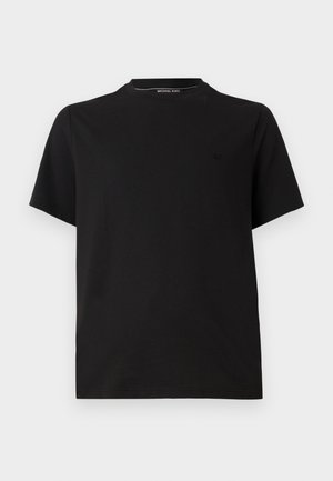 Schwarzes Baumwoll-T-Shirt mit kurzen Ärmeln, rundem Ausschnitt und einem dezenten gestickten Logo auf der Brust. Glatte Textur.