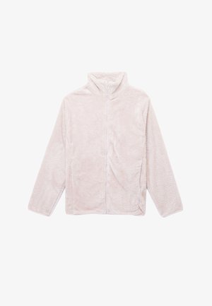 Veste en polaire rose clair avec col montant, fermeture éclair intégrale à l'avant, manches longues et tissu doux et texturé.