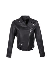 Giacca da moto in pelle nera con accessori in metallo argentato, chiusura con zip asimmetrica, tasche a pattina e bottoni a pressione sul colletto e sull'orlo.