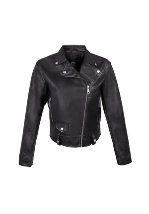 Giacca da moto in pelle nera con accessori in metallo argentato, chiusura con zip asimmetrica, tasche a pattina e bottoni a pressione sul colletto e sull'orlo.