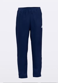 Navy blue athletic pants made from smooth fabric. Elastic waistband, tapered legs, and a small white logo on the left thigh.