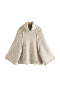 Pull en tricot couleur crème avec larges manches cloche côtelées et grand col roulé plié, parsemé de fibres plus foncées.