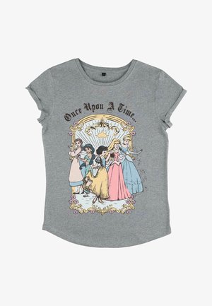 Szara koszulka z podwiniętymi rękawami z nadrukiem w postaci bajkowych księżniczek, otoczona kwiatowymi akcentami i napisem "Dawno, dawno temu".