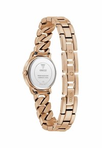 Rose gold stainless steel watch with a chain link bracelet, featuring a round case and a polished finish. Brand logo on the back.