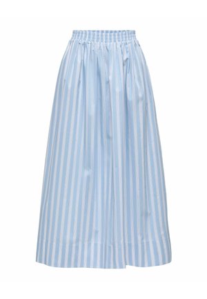 Jupe bleu clair avec des rayures verticales blanches, taille élastique, plis pleins, design longueur cheville et texture de tissu lisse et brillante.