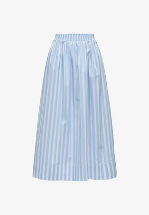 Vaaleansininen hame, jossa on pystysuorat valkoiset raidat, joustava vyötärö, täyspleateilla, nilkkapituinen muotoilu ja sileä, kiiltävä kangas.