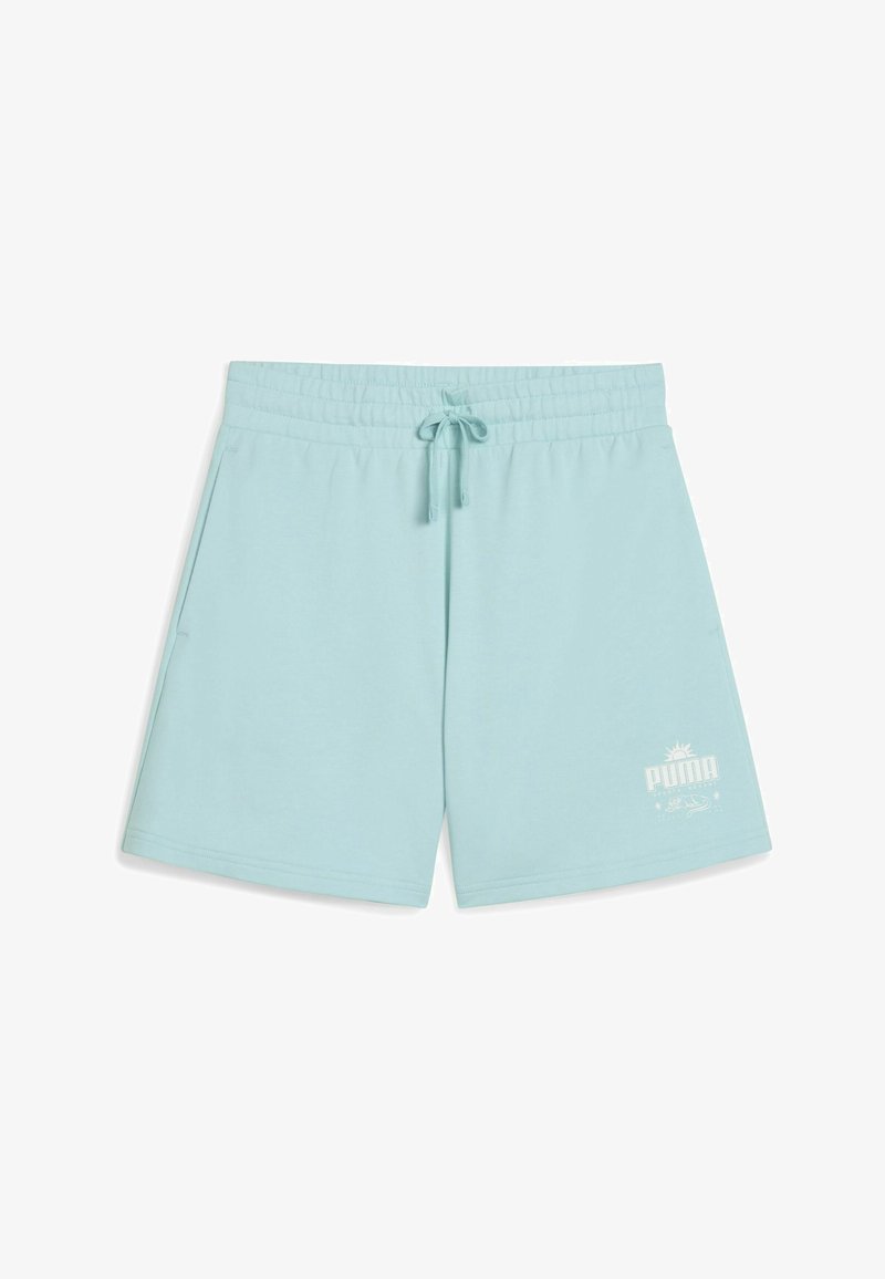 Lichtblauwe shorts van een katoenmix met een elastische tailleband, verstelbaar trekkoord en zijzakken. Heeft een wit Puma-logo aan de voorkant.