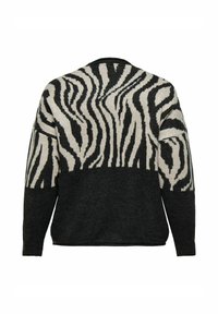 Pleteni pulover z vzorcem črno-bele zebre. Ima temno osnovno barvo in rebrast ovratnik ter sproščen kroj.