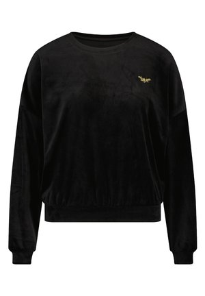 Schwarzes Samtsweatshirt mit langen Ärmeln, rundem Ausschnitt und kleinem goldenem Vogel-Logo auf der oberen linken Brust, elastischem Saum und Bündchen.