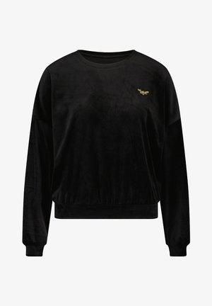 Schwarzes Samtsweatshirt mit langen Ärmeln, rundem Ausschnitt und kleinem goldenem Vogel-Logo auf der oberen linken Brust, elastischem Saum und Bündchen.