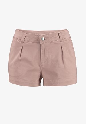 Lichtroze dameshooggetailleerde shorts met voorplooien, ceintuurlussen, een zilveren knoopsluiting en een omgevouwen zoom.