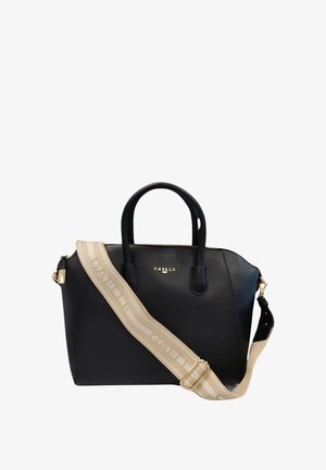 Borsa a mano nera dalla forma strutturata con due manici superiori, tracolla beige rimovibile, hardware dorato e logo in rilievo sulla parte anteriore.