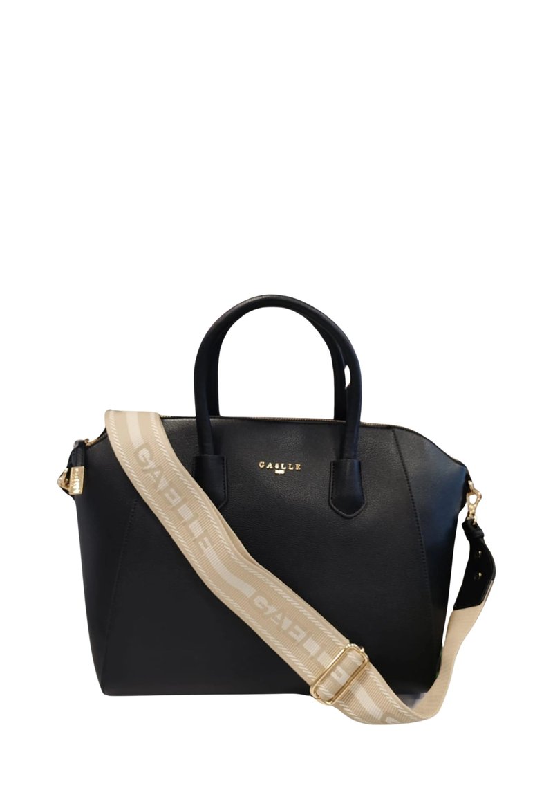 Borsa a mano nera dalla forma strutturata con due manici superiori, tracolla beige rimovibile, hardware dorato e logo in rilievo sulla parte anteriore.