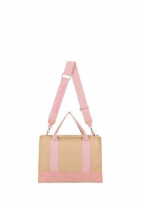 Roze en beige tote bag van stof; beschikt over een gestructureerd oppervlak met kleine stippen, dubbele handvatten en een afneembare, verstelbare schouderriem met tekst.